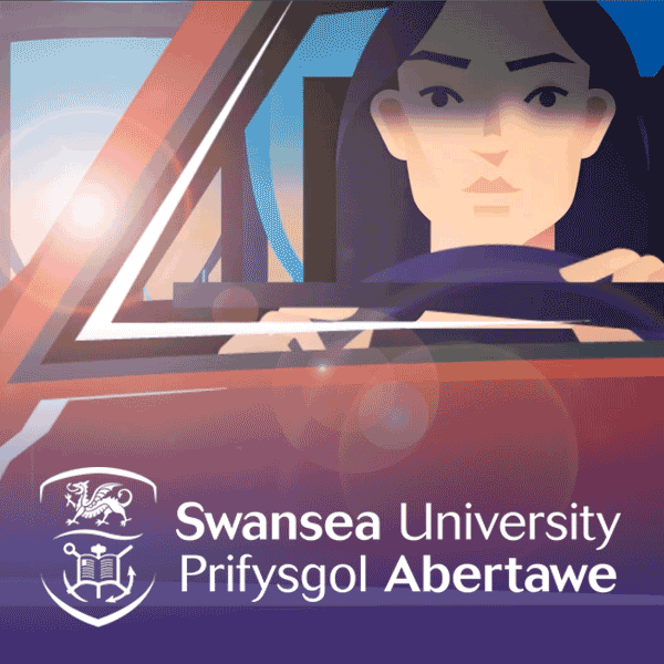 swansea university undergraduate animated commerical woman in car with logo image